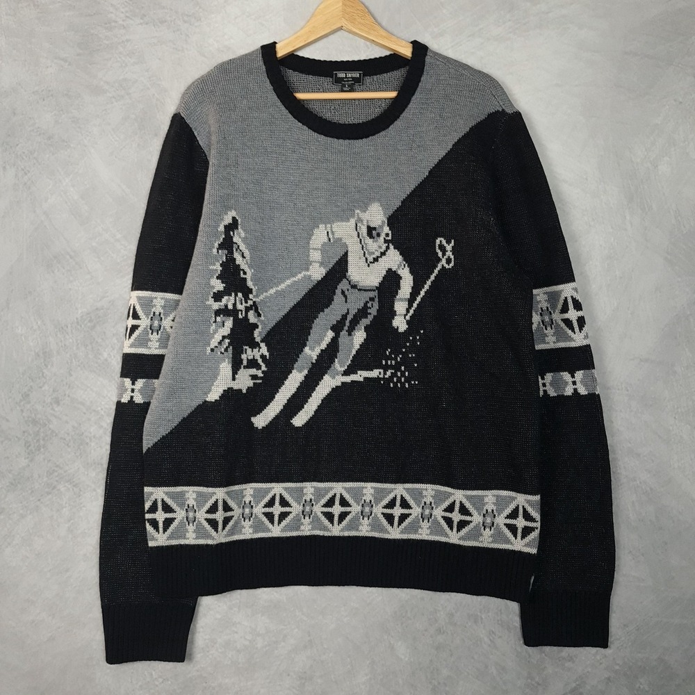 Todd Snyder Sweater Mens Large Black Merino Wool Ski Graphic Knit Pullover